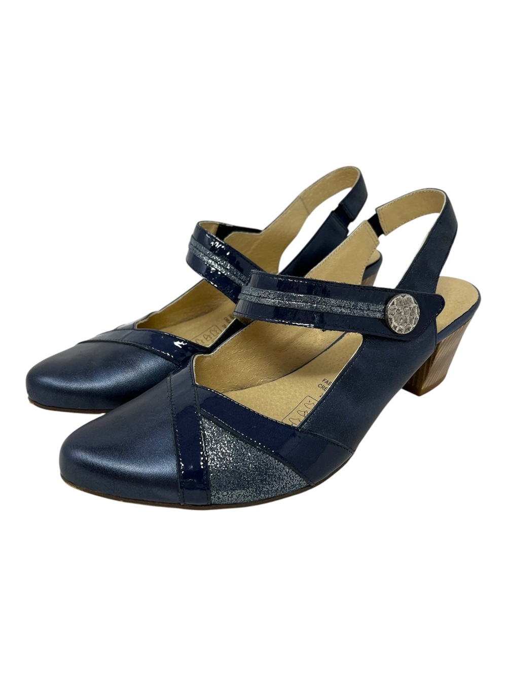 Geo Reino Navy mixed leather sling back Mary Jane pump EU 38